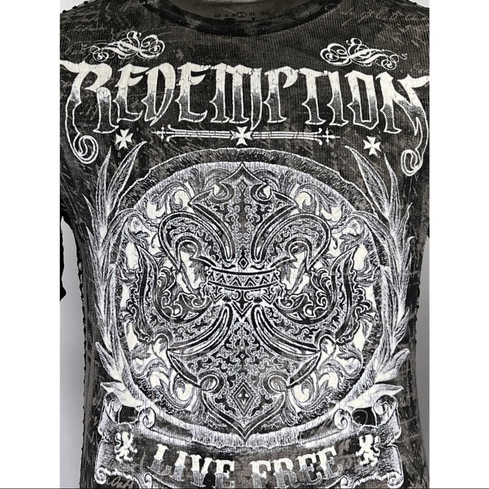 Archaic by Affliction Men's Thermal Shirt SHIELDED Wing Biker Gray - Picture 7 of 9